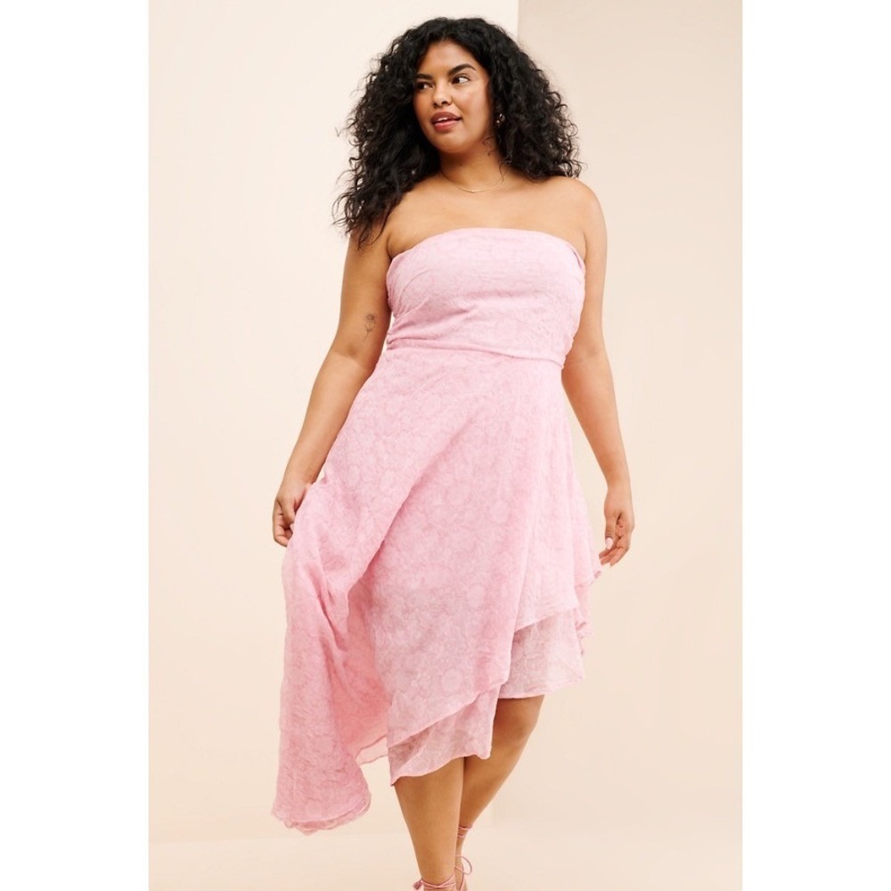 Anthropologie En Elly Pink Floral Strapless Asymmetrical Ruffle Midi Dress 2X